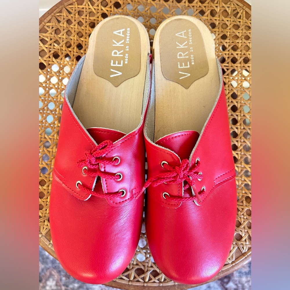VERKA Red Leather Wooden Clogs with Laces